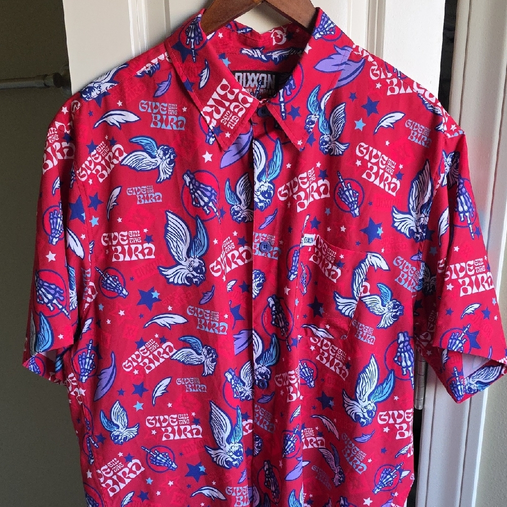 DIXXON Men's Vibrant Red Shirt with Blue and White Graphics